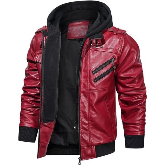 HOOD CREW Men’s Casual Stand Collar PU Faux Leather Zip-Up Motorcycle Bomber - Picture 5 of 6